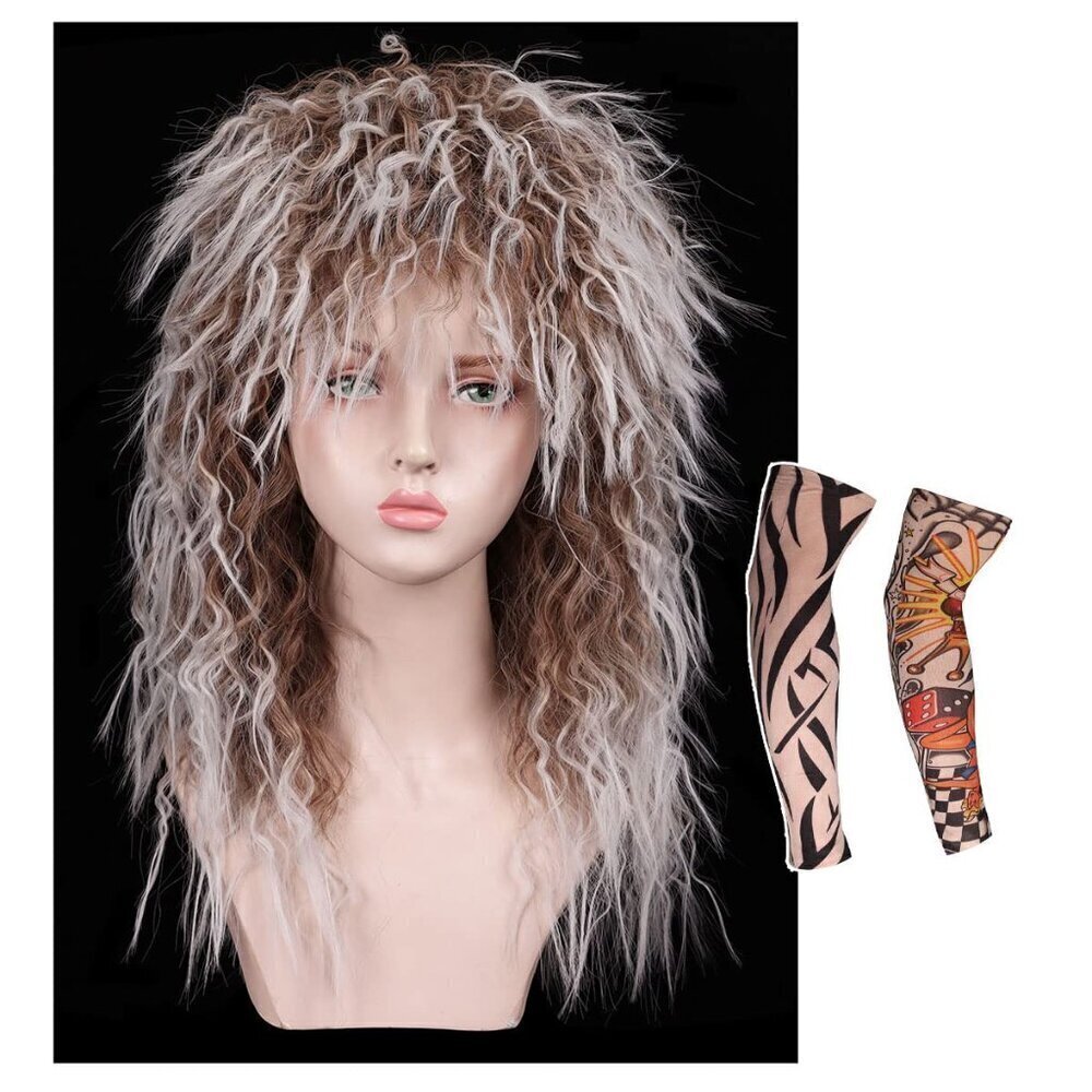 Long Cruly 80s Wig with 2 Tattoo Sleeves for Women